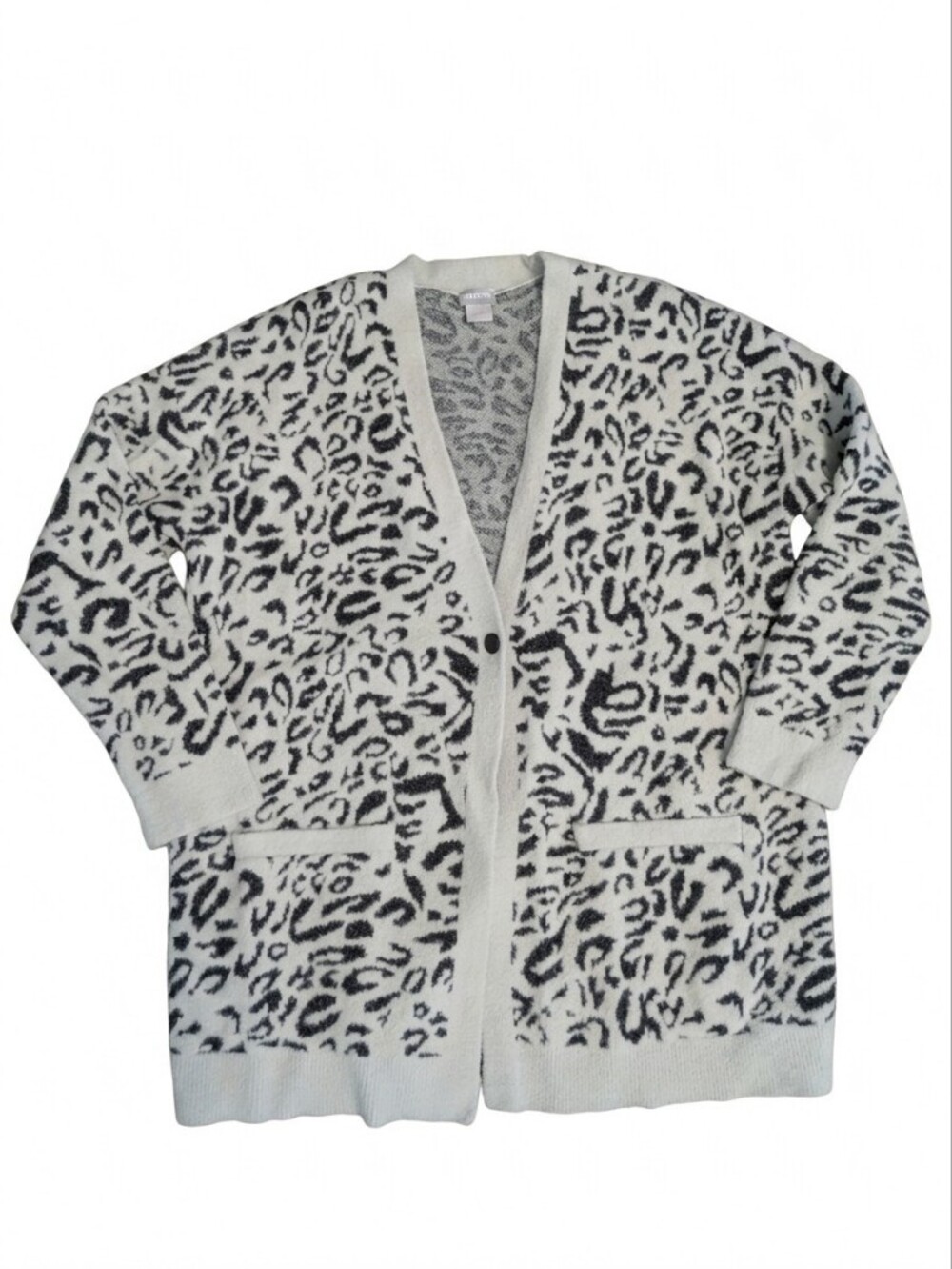 Chico's NWOT Snow Leopard Print Cardigan Sweater Sz 2 L Animal Knit Pockets Cozy